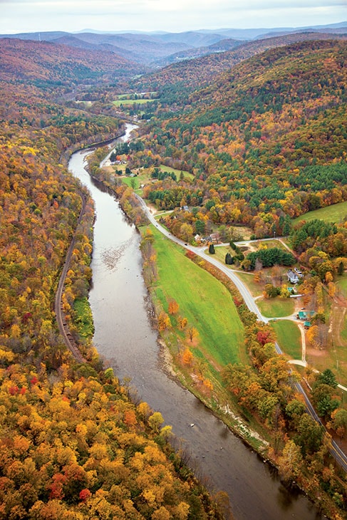 Autumn river valley landscape in Vermont